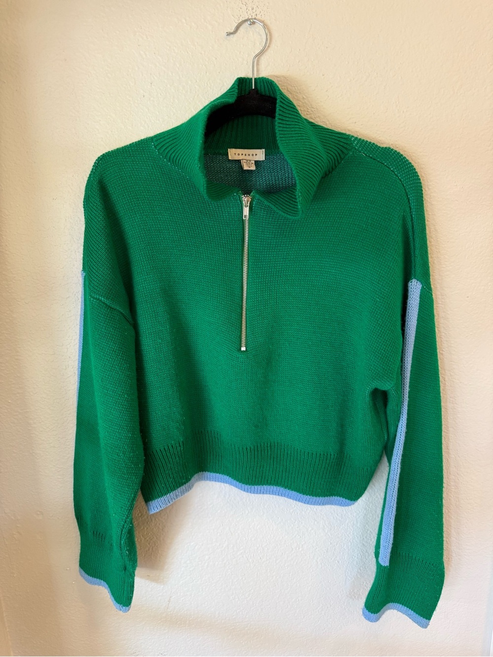 Topshop Green Half-Zip Cropped Sweater with Light Blue Trim